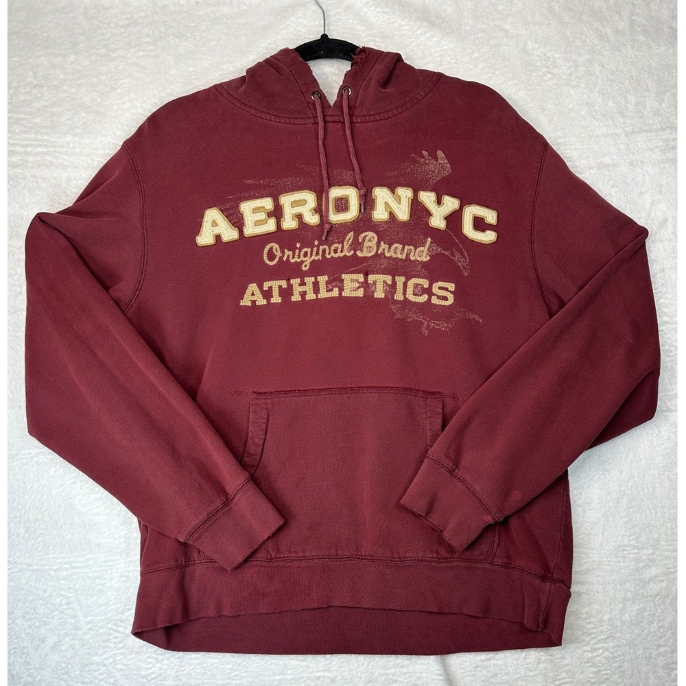 Aeropostale Aero NYC Athletics Y2K Hoodie Mens M Burgundy Distressed Sweatshirt